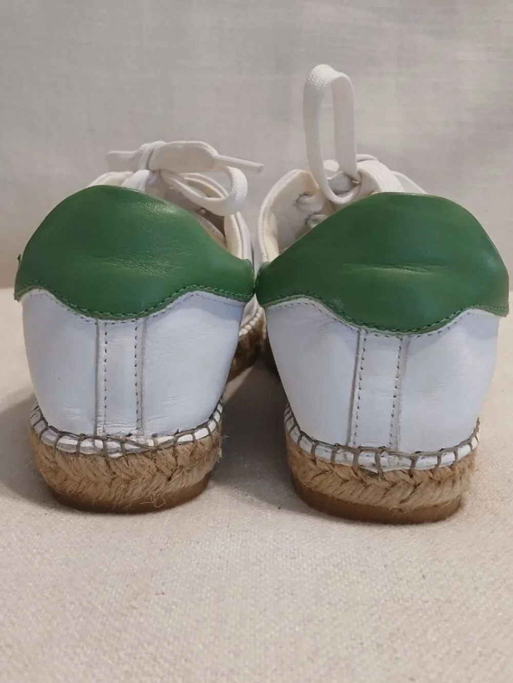 Andrew Stevens Made in Spa White Leather Espadrille Sneakers Green Heel Size 36
